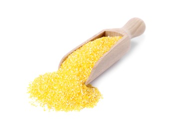 Raw cornmeal in scoop isolated on white