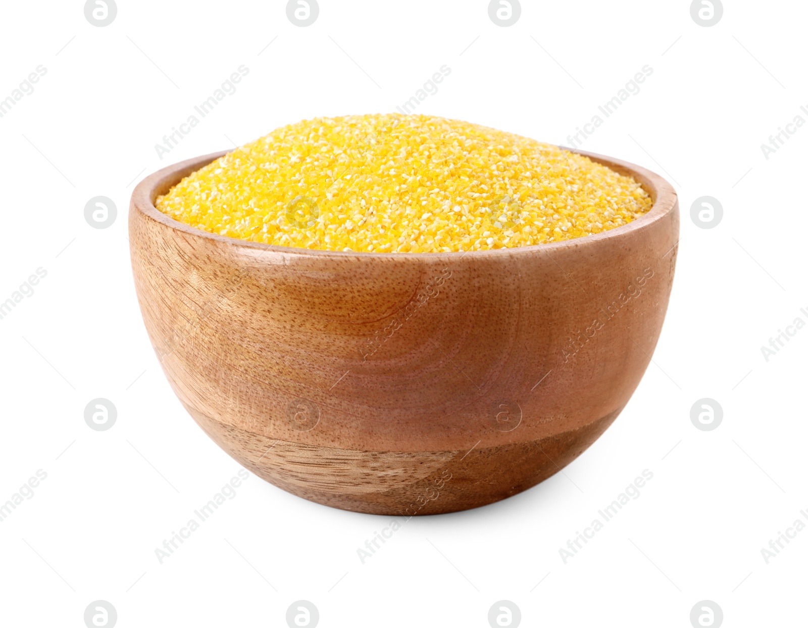 Photo of Raw cornmeal in bowl isolated on white