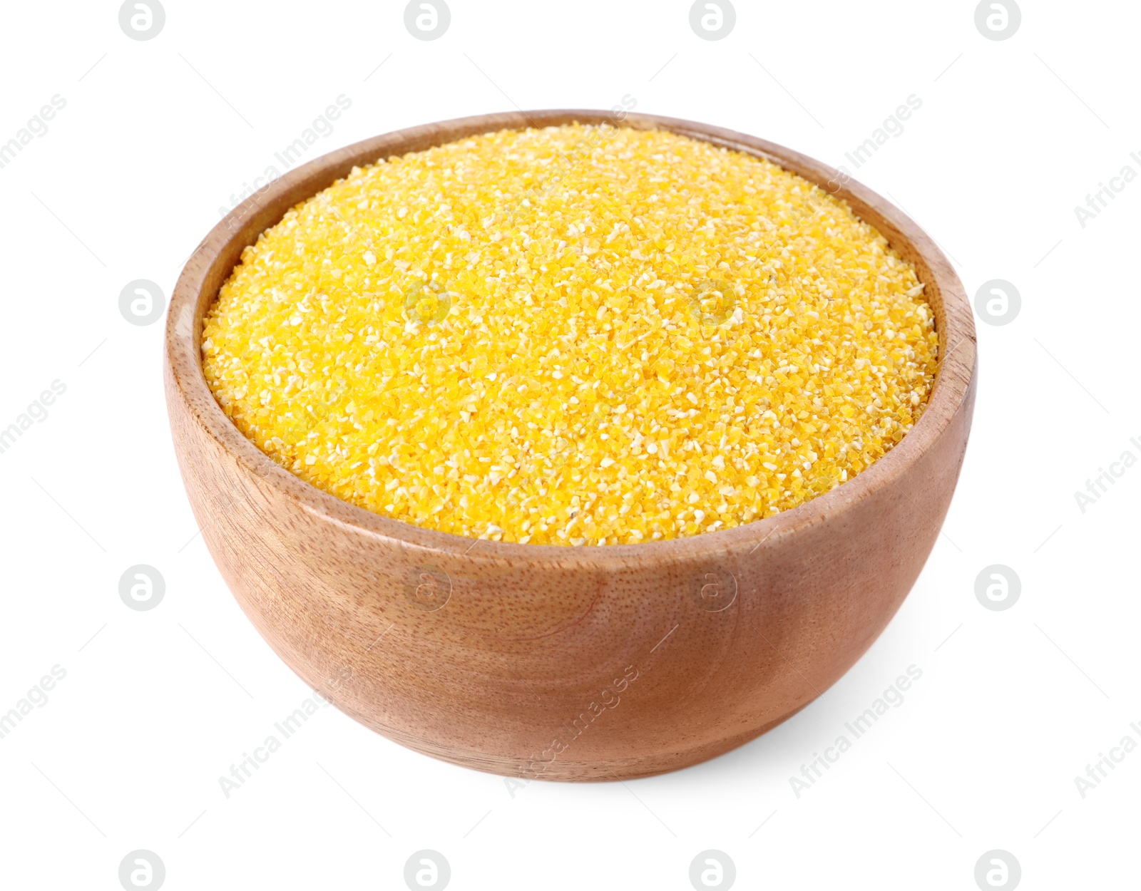 Photo of Raw cornmeal in bowl isolated on white