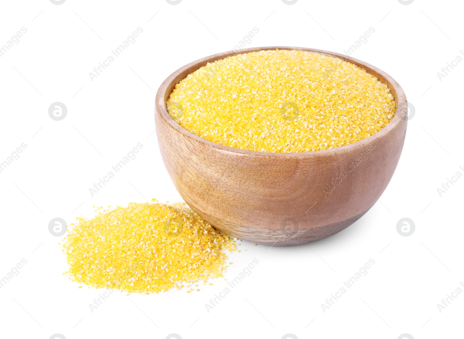 Photo of Raw cornmeal in bowl isolated on white