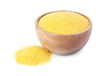 Raw cornmeal in bowl isolated on white