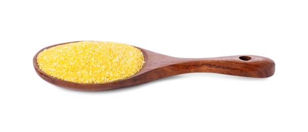 Photo of Raw cornmeal in spoon isolated on white