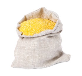 Photo of Raw cornmeal in burlap isolated on white