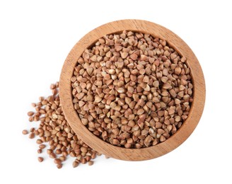 Photo of Raw buckwheat in bowl isolated on white, top view