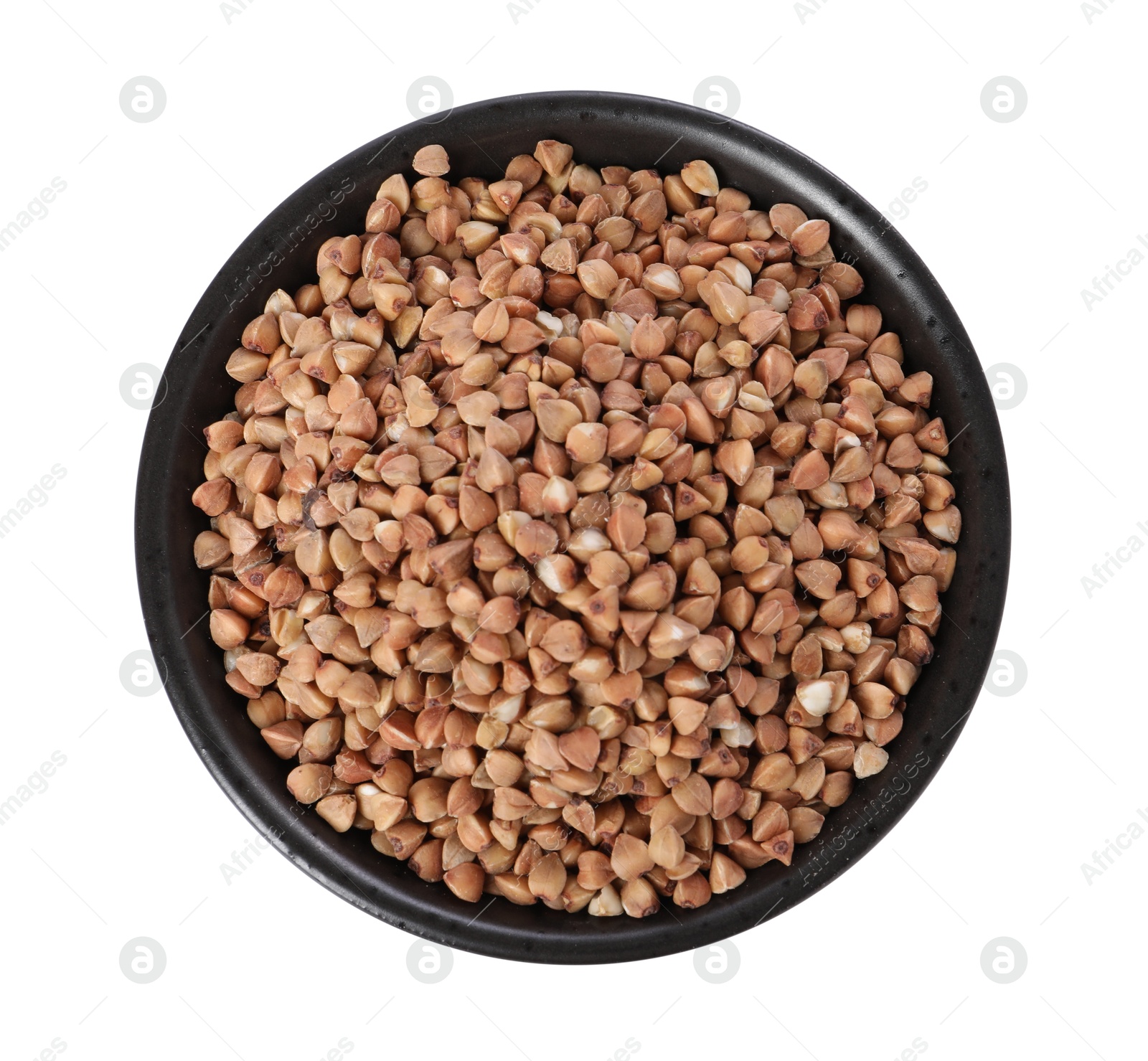 Photo of Raw buckwheat in bowl isolated on white, top view