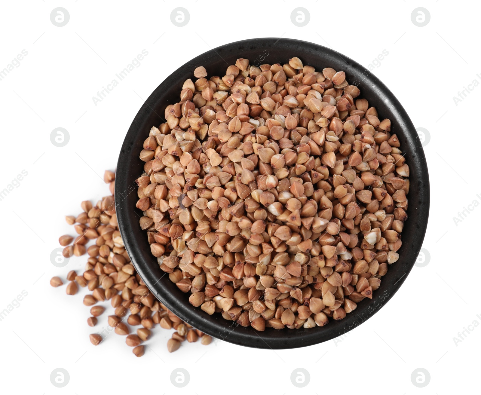 Photo of Raw buckwheat in bowl isolated on white, top view