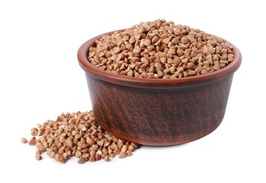 Raw buckwheat in bowl isolated on white