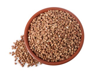 Photo of Raw buckwheat in bowl isolated on white, top view