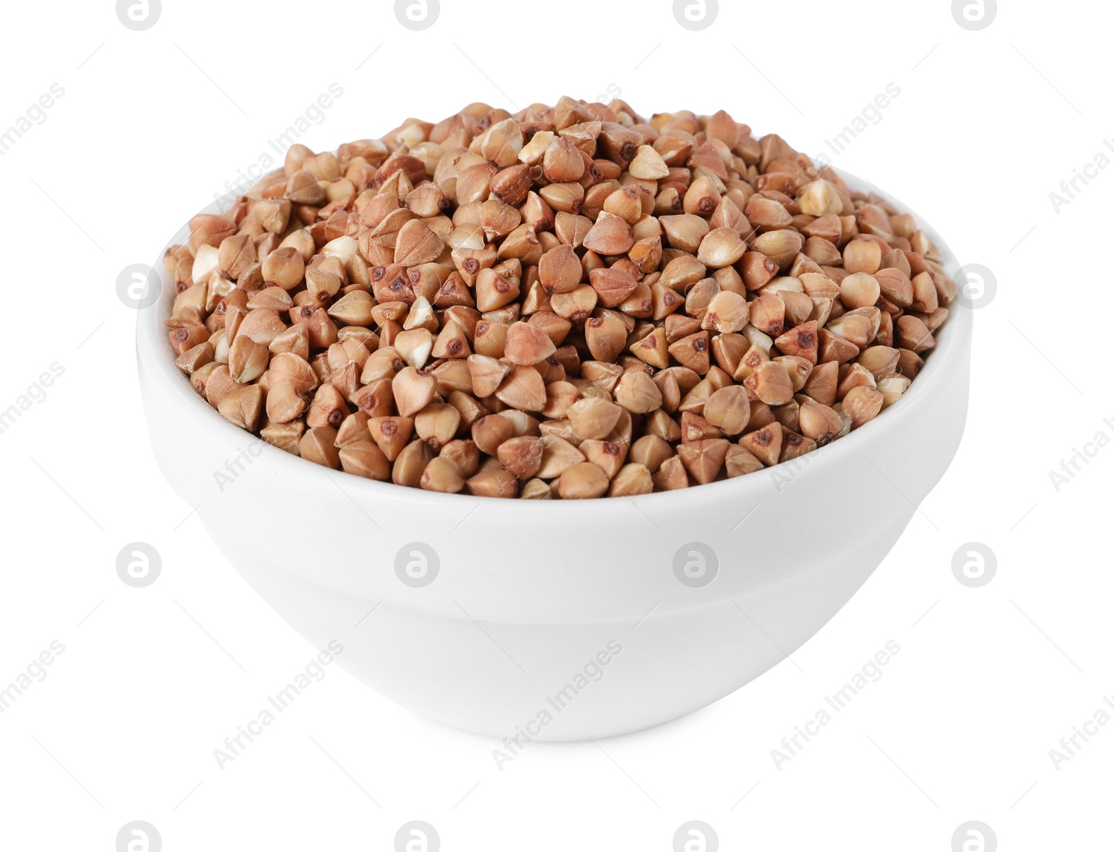 Photo of Raw buckwheat in bowl isolated on white