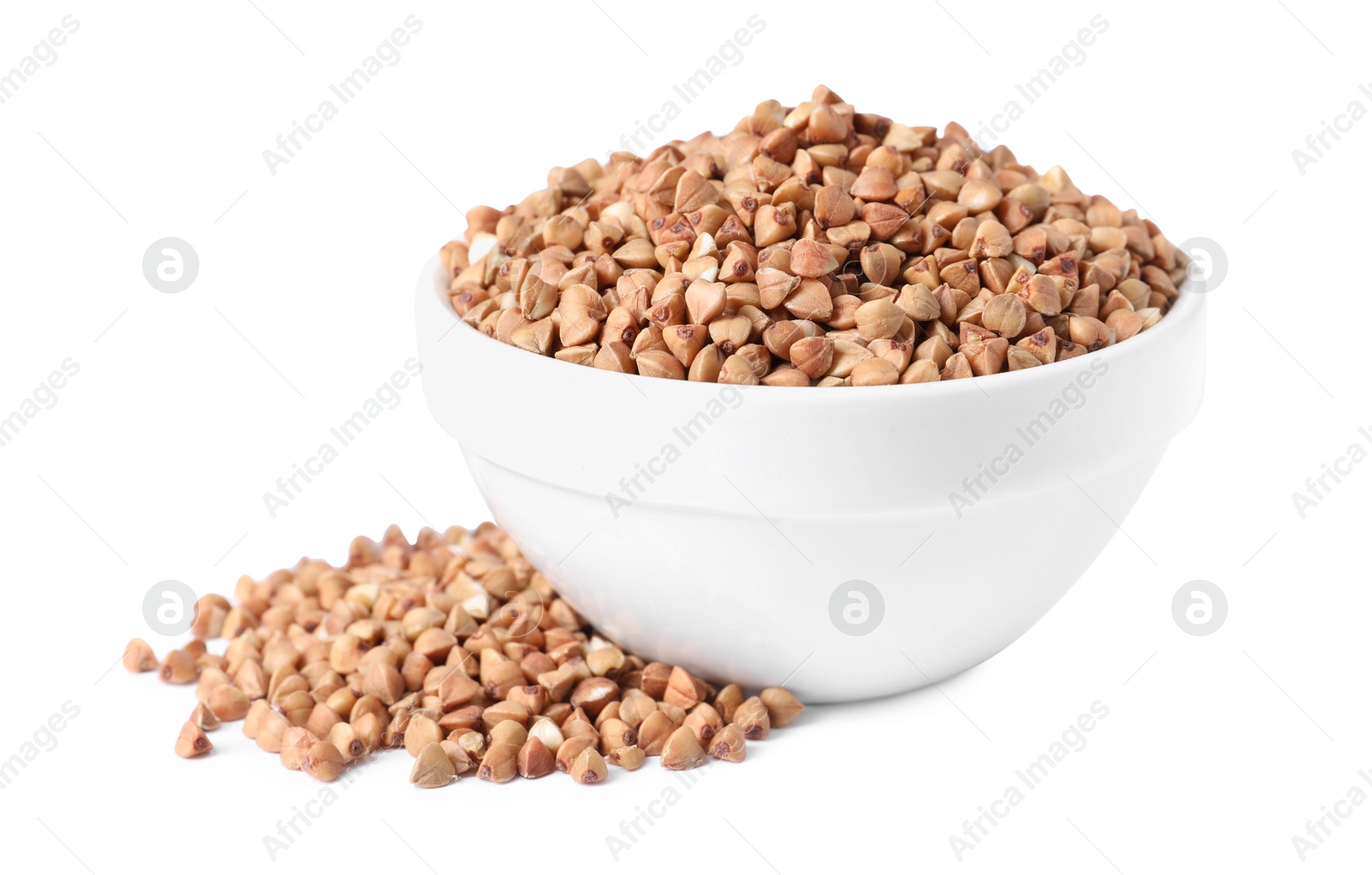 Photo of Raw buckwheat in bowl isolated on white