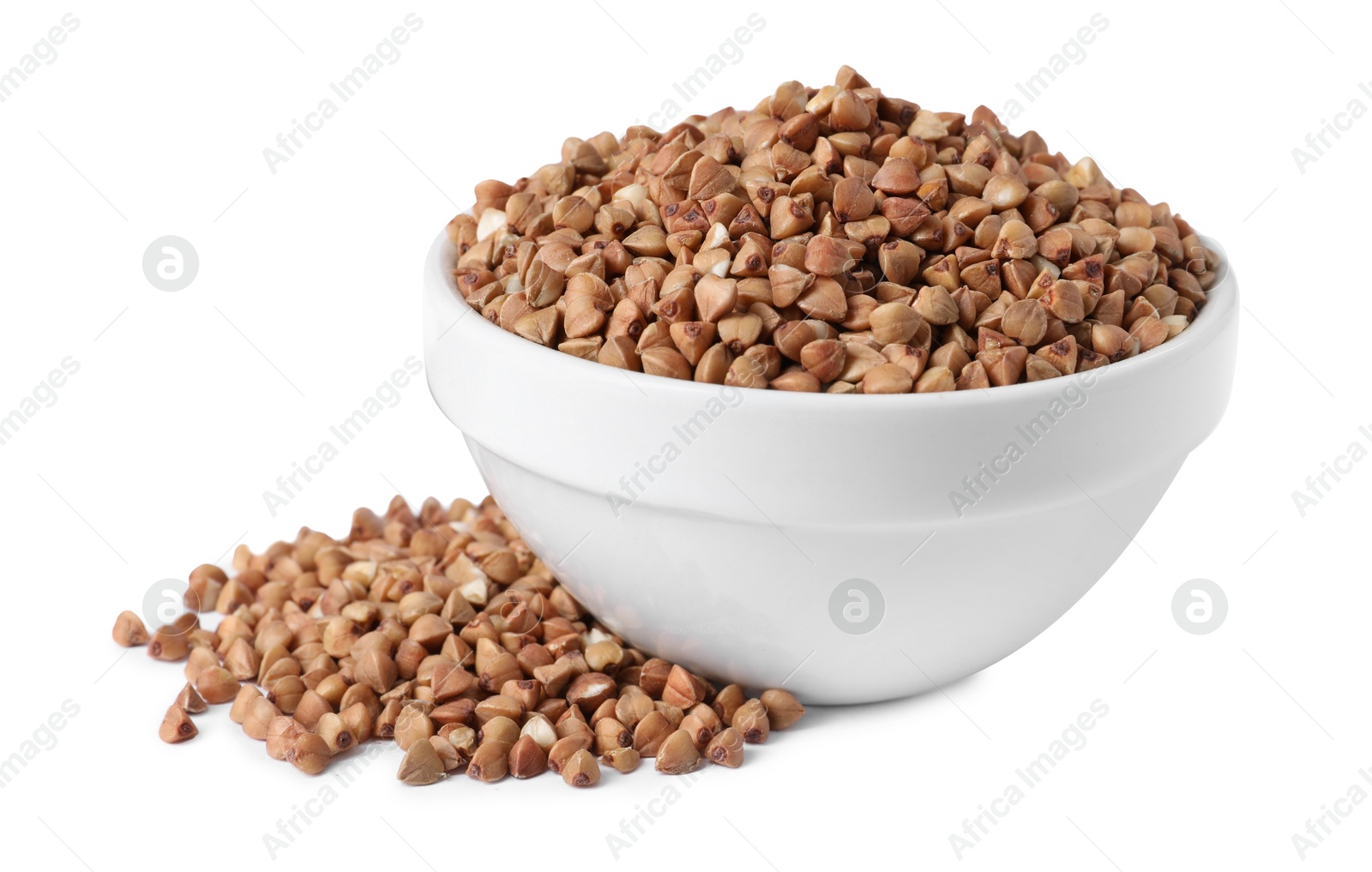 Photo of Raw buckwheat in bowl isolated on white