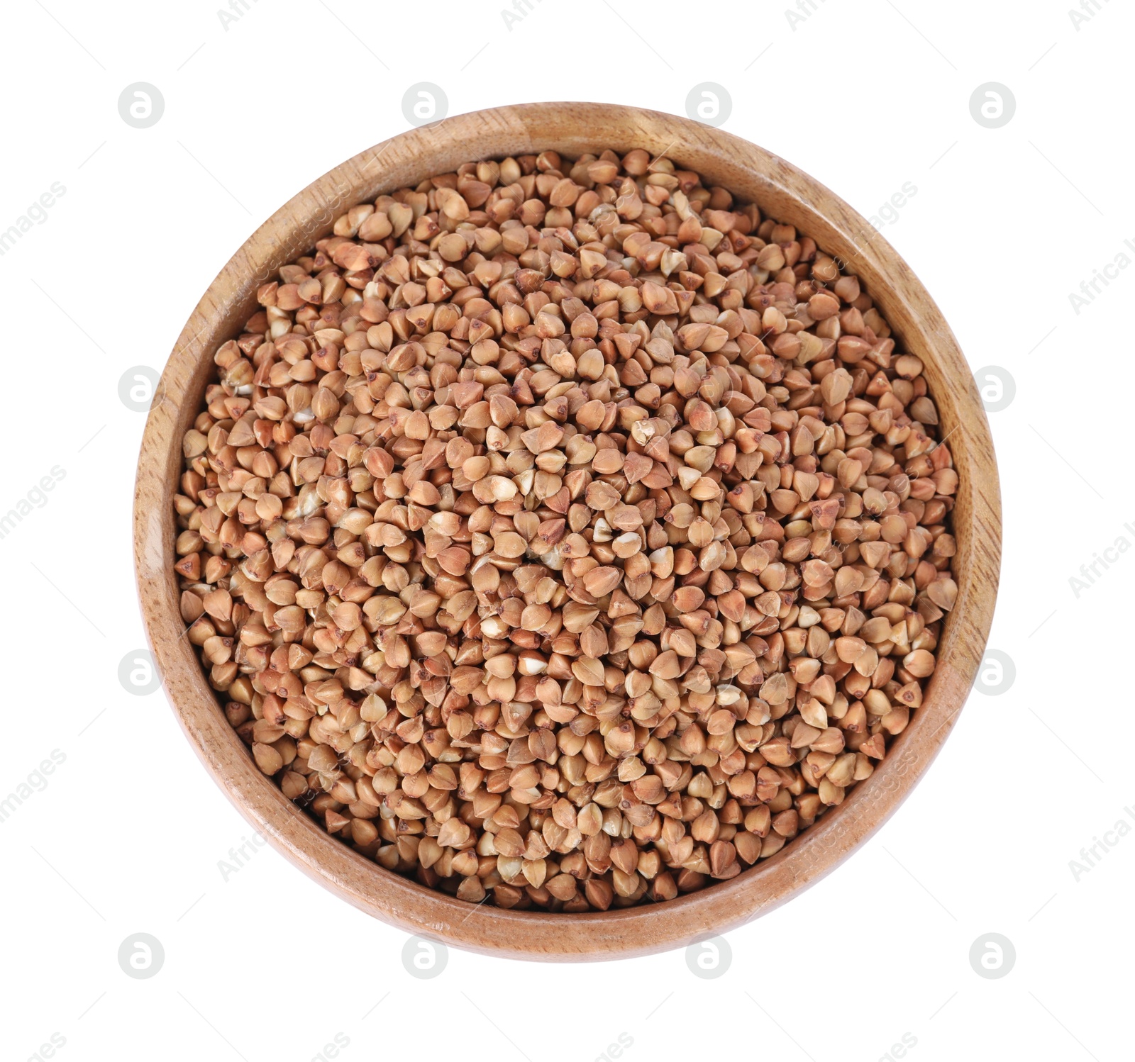 Photo of Raw buckwheat in bowl isolated on white, top view