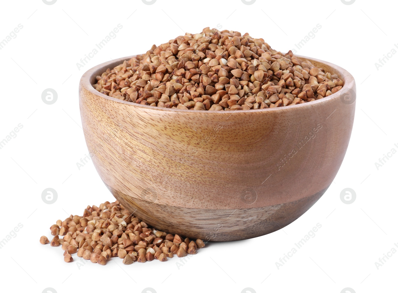 Photo of Raw buckwheat in bowl isolated on white