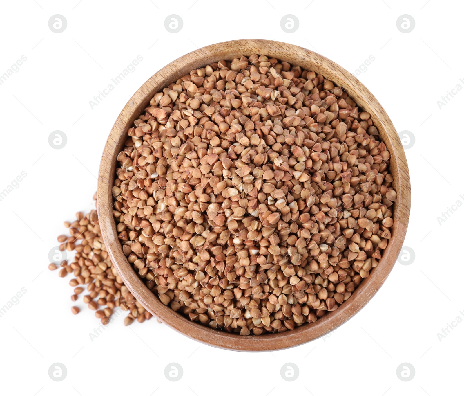 Photo of Raw buckwheat in bowl isolated on white, top view