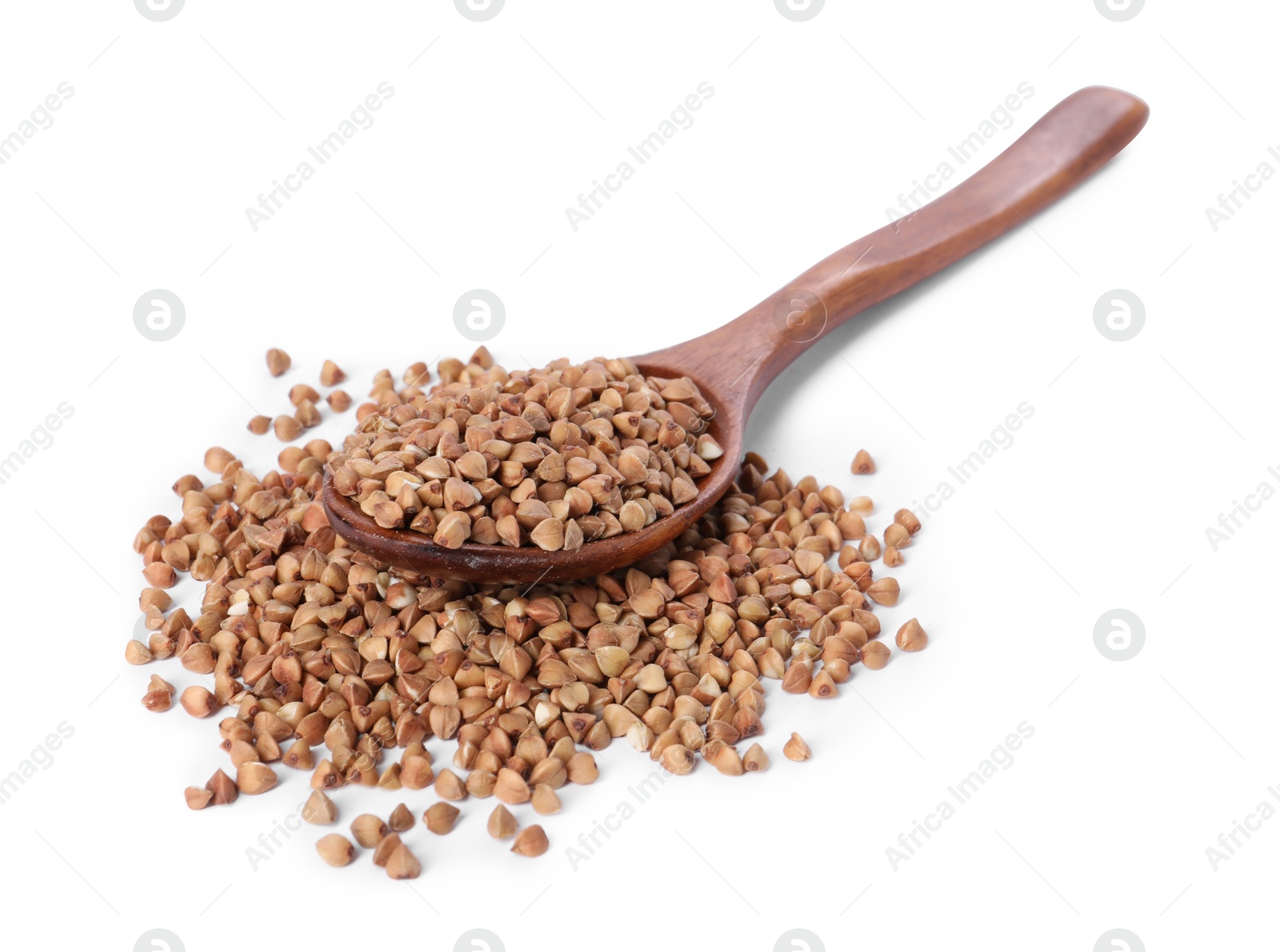 Photo of Raw buckwheat in wooden spoon isolated on white