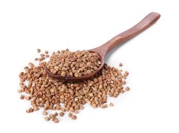 Photo of Raw buckwheat in wooden spoon isolated on white