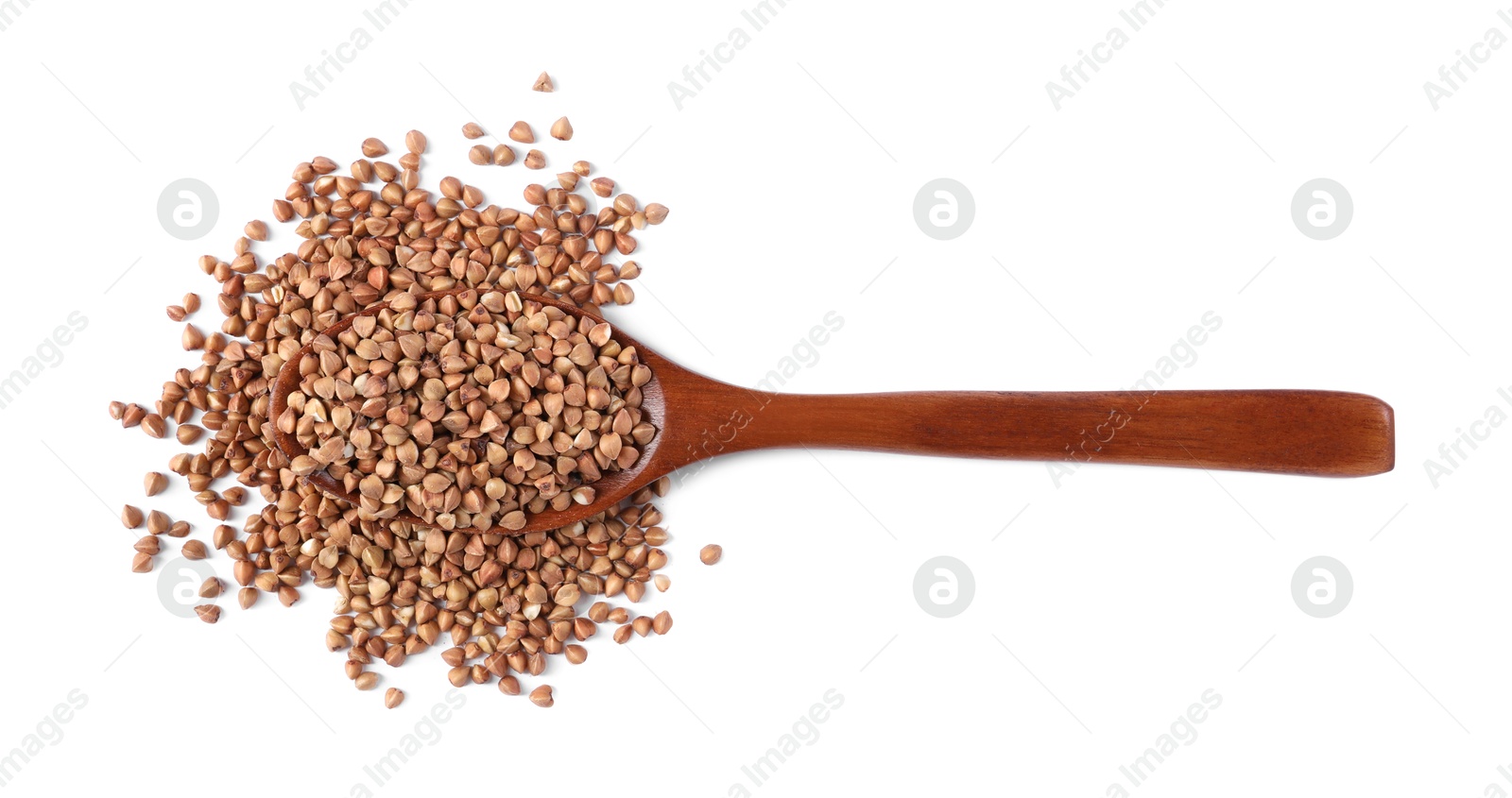 Photo of Raw buckwheat in wooden spoon isolated on white, top view