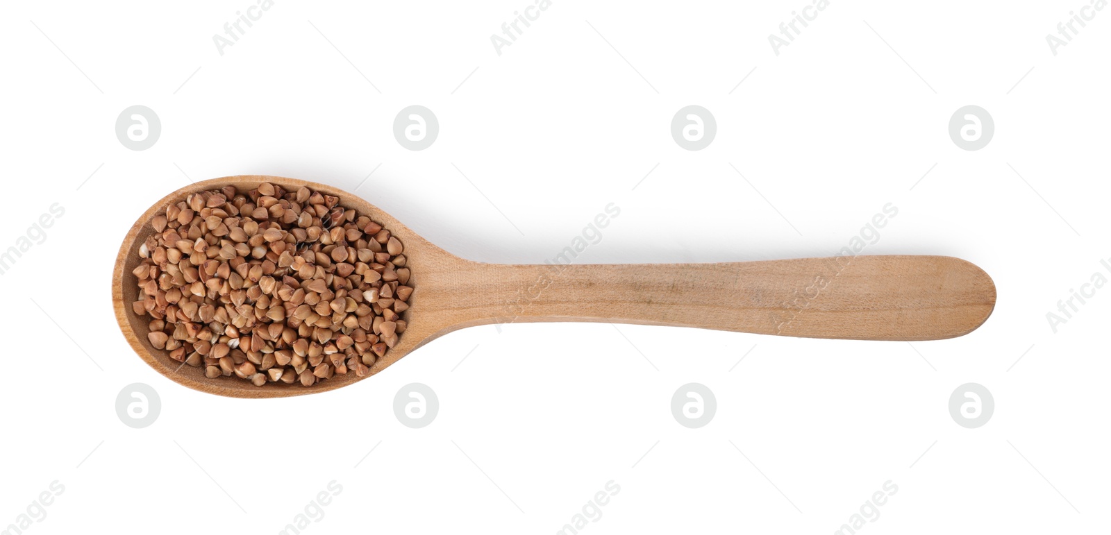 Photo of Raw buckwheat in wooden spoon isolated on white, top view