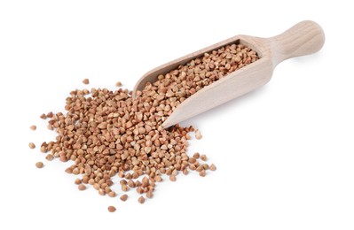 Photo of Raw buckwheat in wooden scoop isolated on white