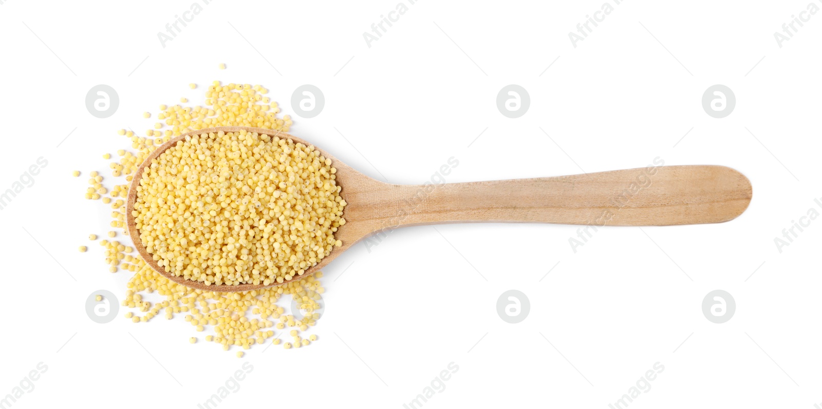 Photo of Millet groats in wooden spoon isolated on white, top view