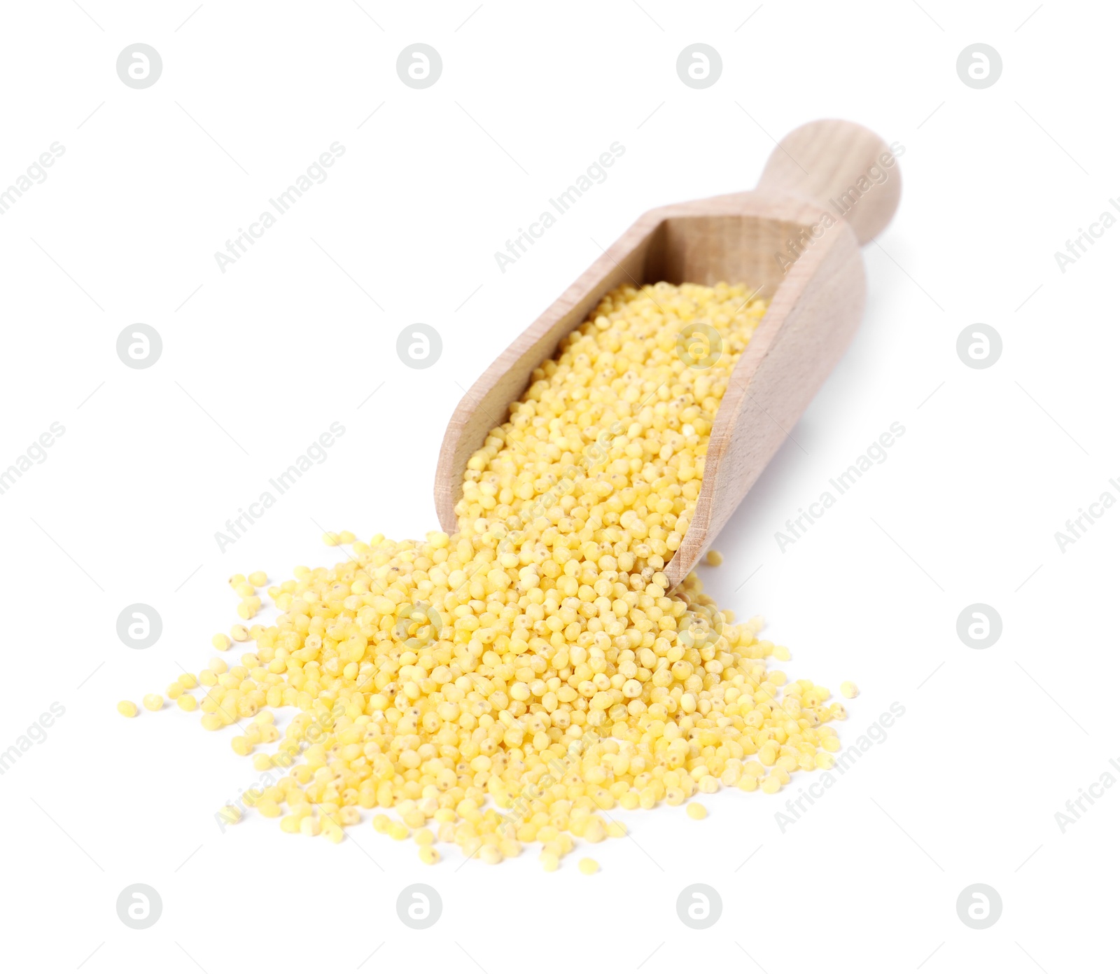 Photo of Millet groats in wooden scoop isolated on white