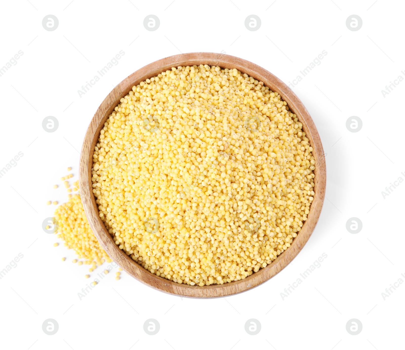 Photo of Millet groats in wooden bowl isolated on white, top view