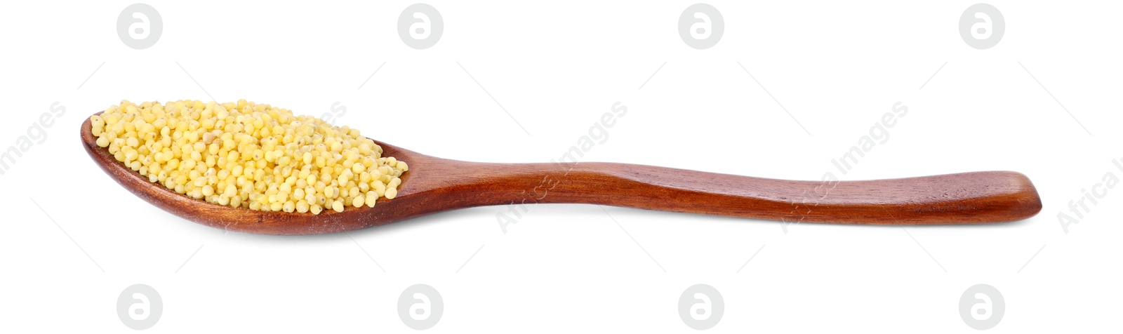 Photo of Millet groats in wooden spoon isolated on white