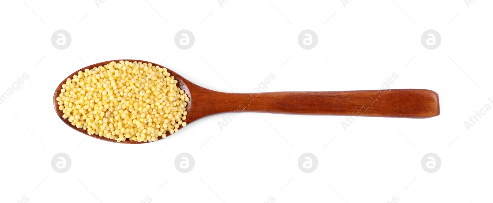 Photo of Millet groats in wooden spoon isolated on white, top view