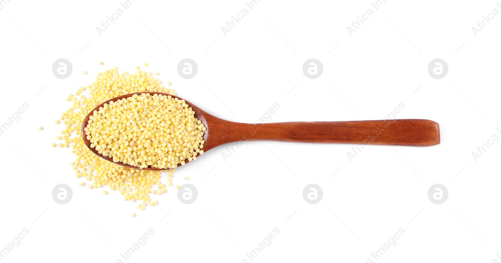 Photo of Millet groats in wooden spoon isolated on white, top view