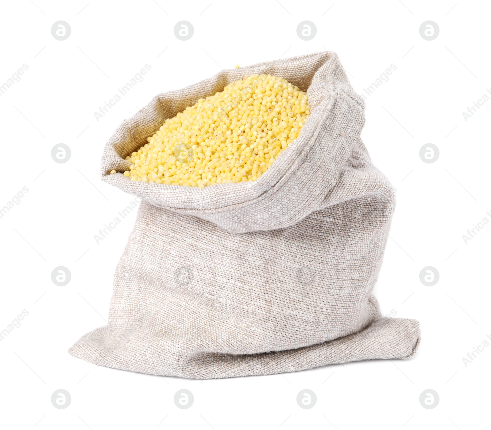 Photo of Millet groats in burlap isolated on white