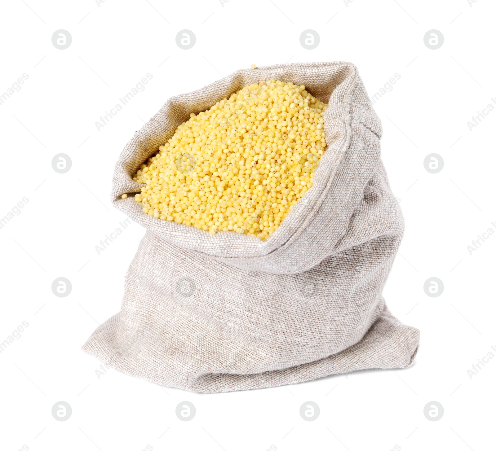 Photo of Millet groats in burlap isolated on white