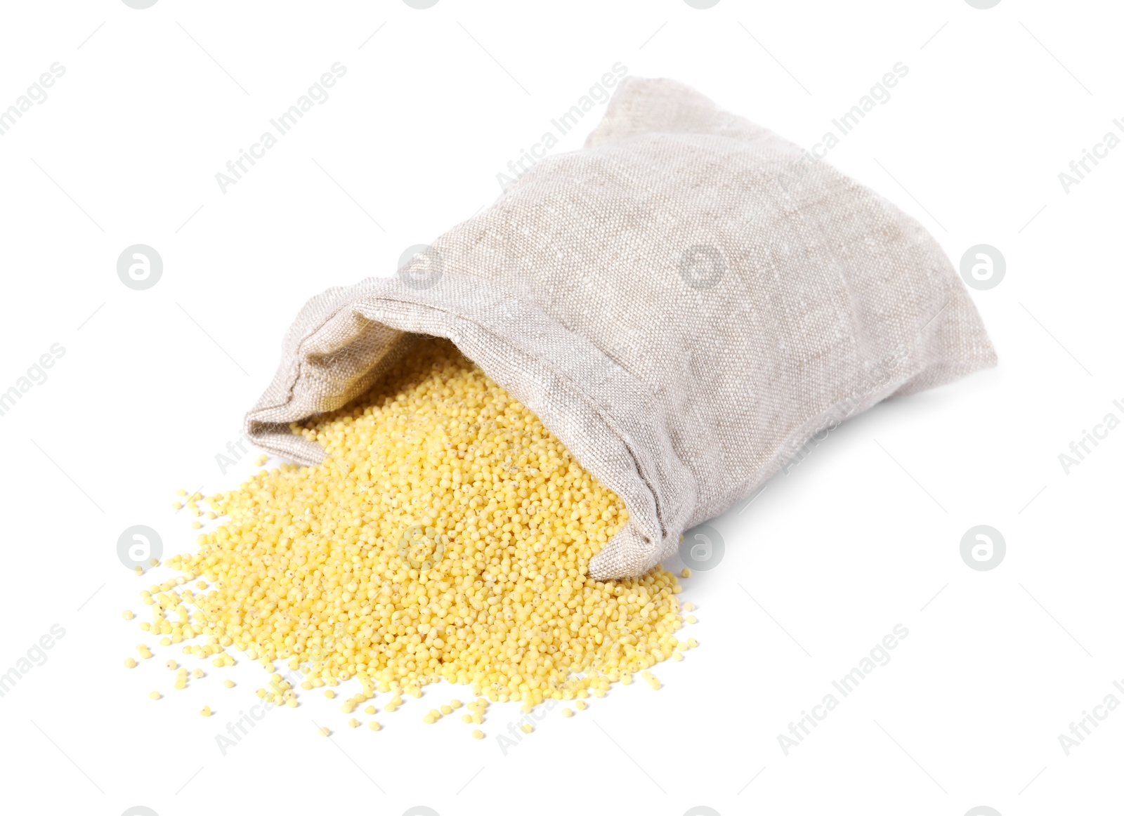 Photo of Millet groats in burlap isolated on white