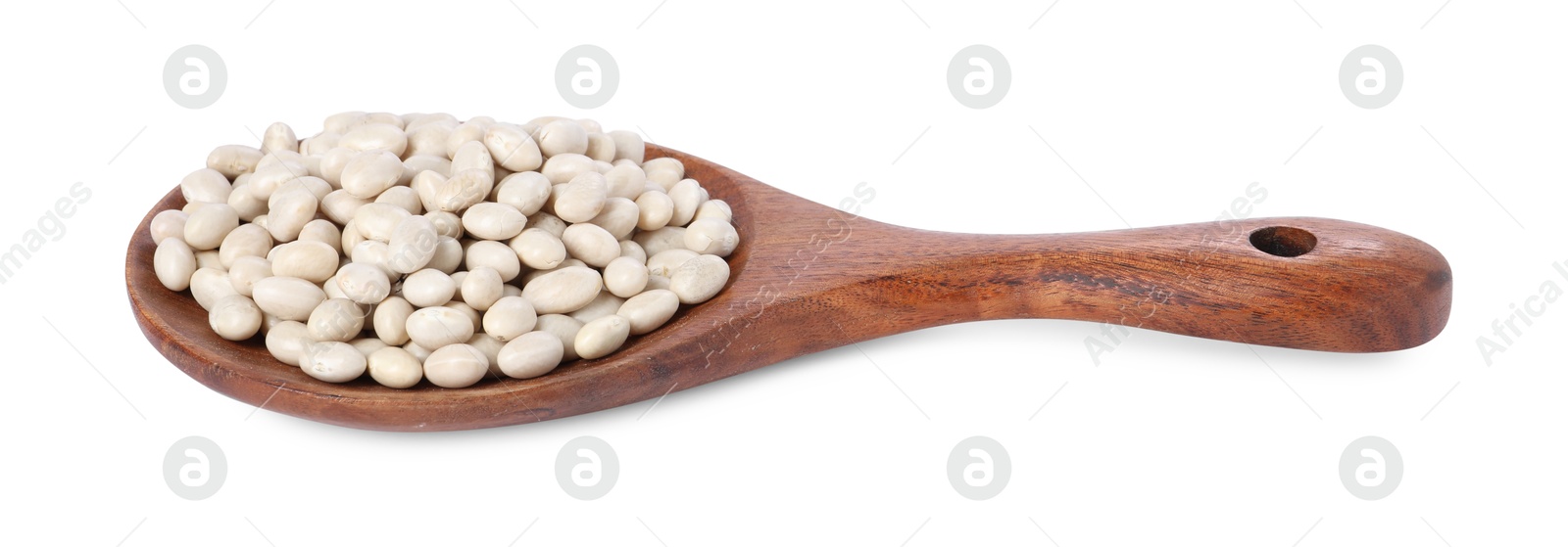 Photo of Dried beans in wooden spoon isolated on white