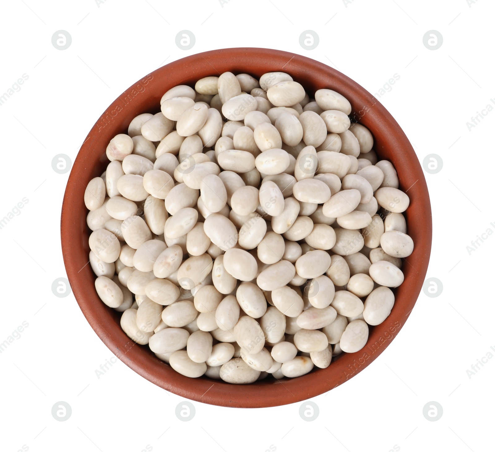 Photo of Dried beans in bowl isolated on white, top view