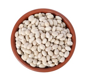 Photo of Dried beans in bowl isolated on white, top view