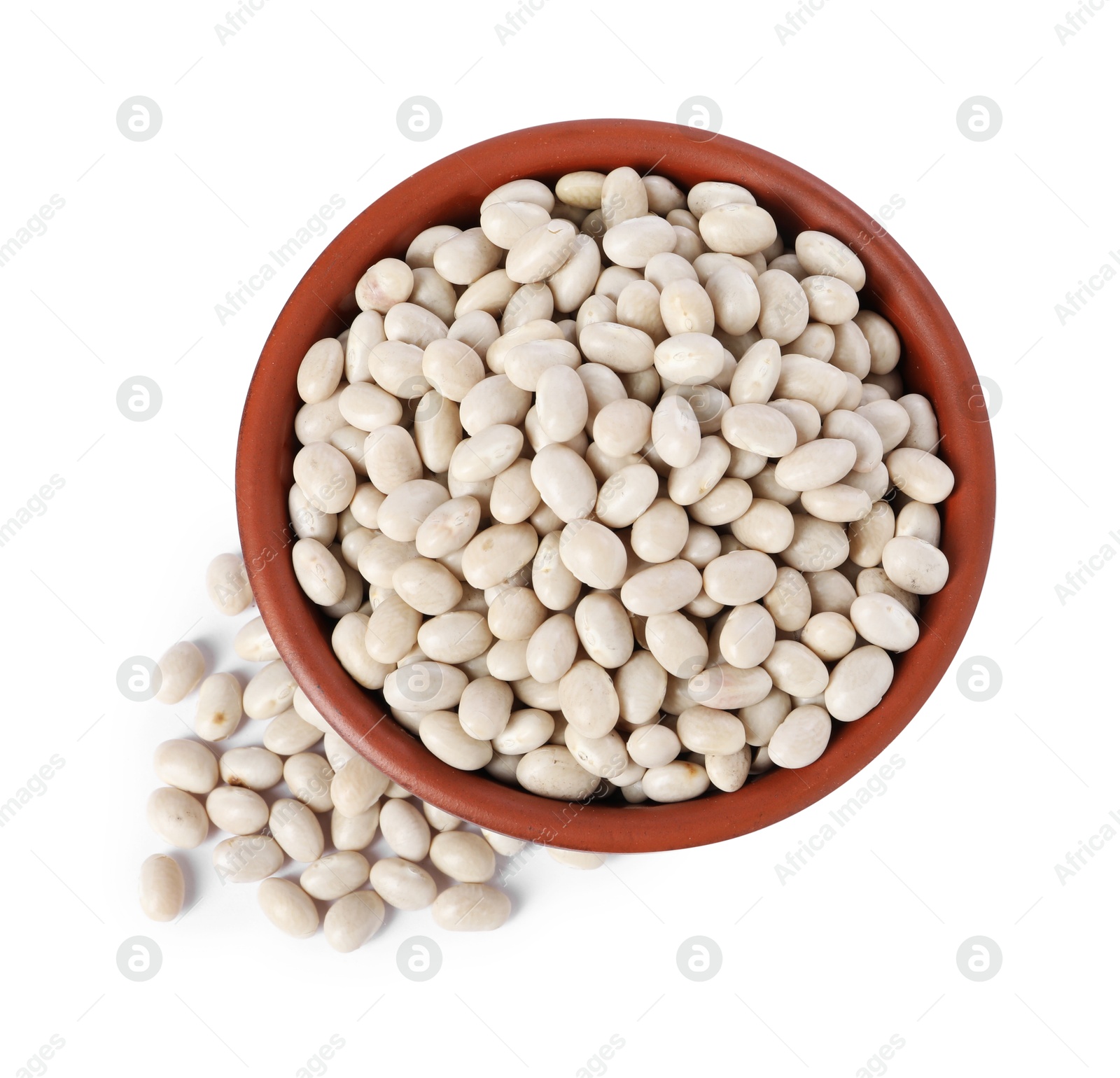 Photo of Dried beans in bowl isolated on white, top view