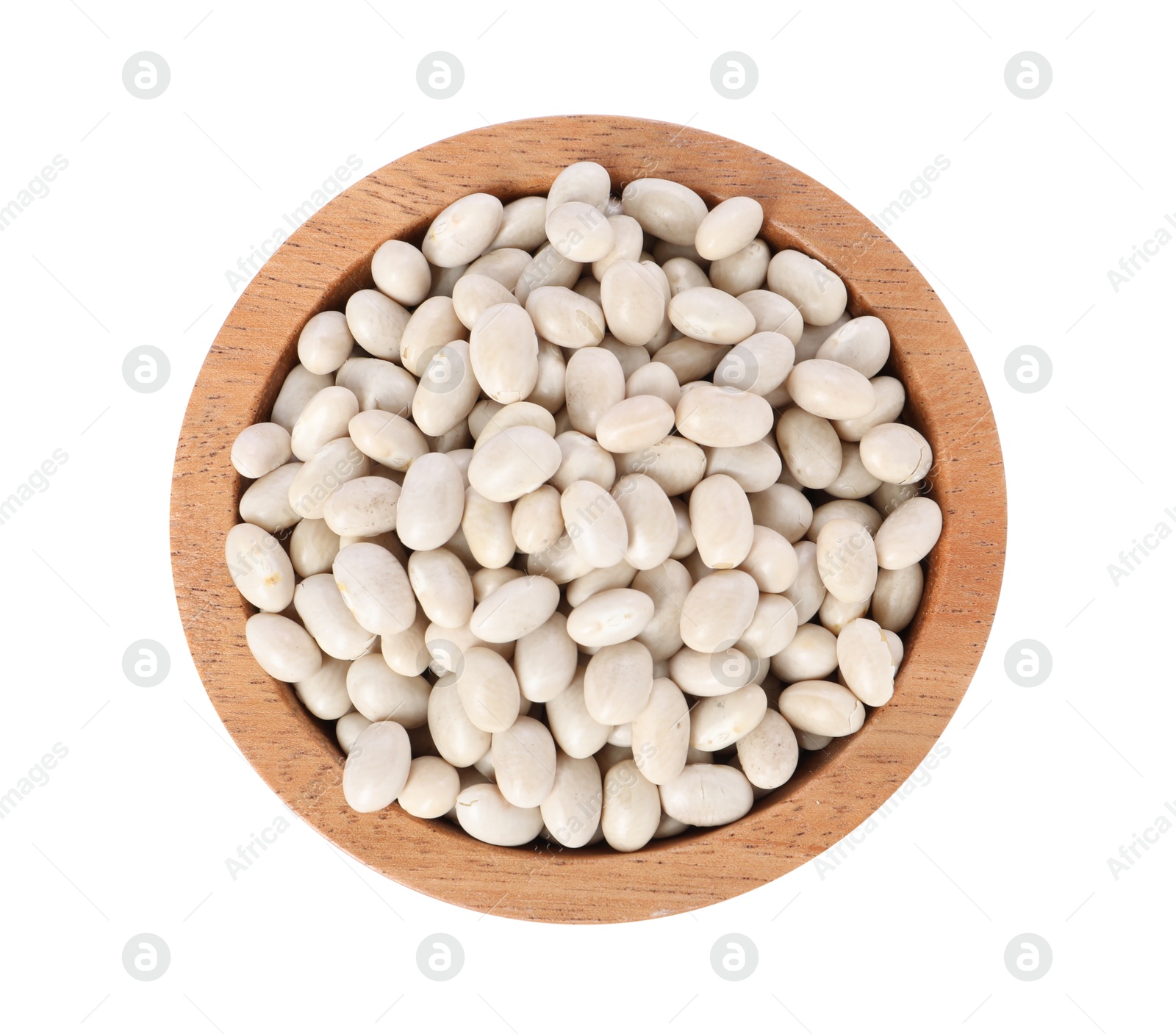 Photo of Dried beans in bowl isolated on white, top view