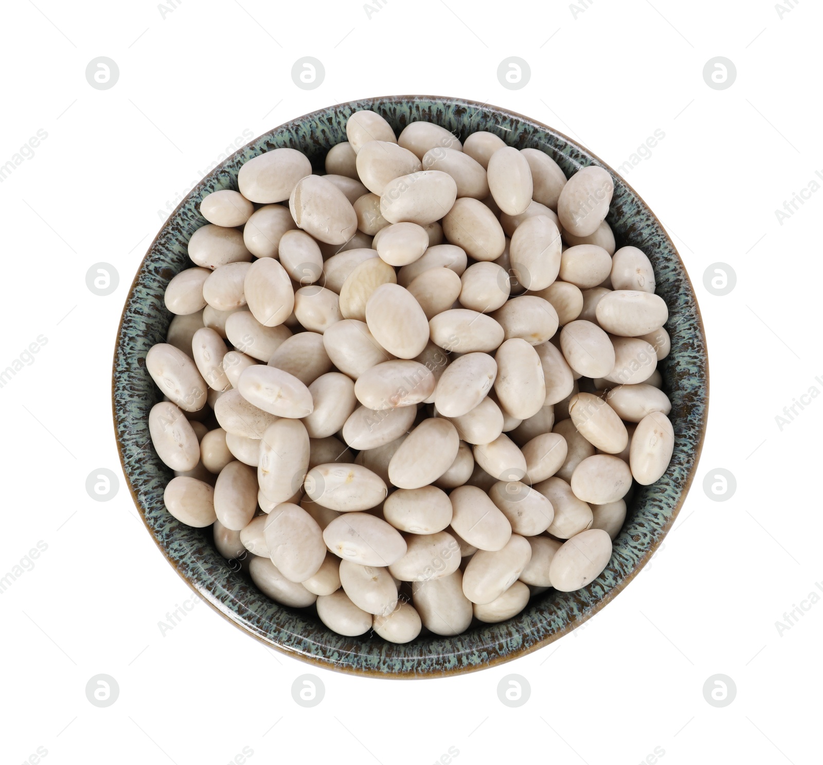 Photo of Dried beans in bowl isolated on white, top view