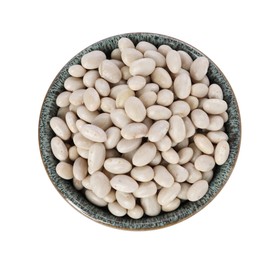 Photo of Dried beans in bowl isolated on white, top view