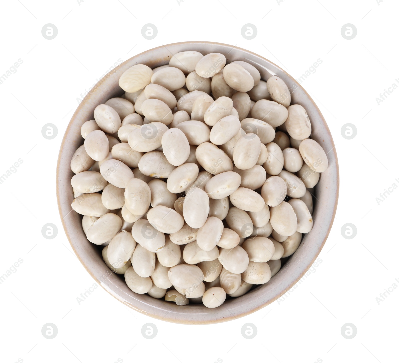 Photo of Dried beans in bowl isolated on white, top view