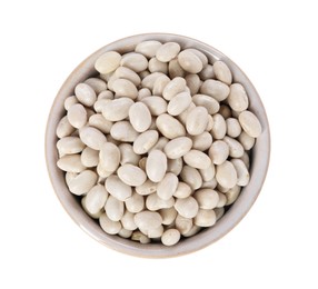 Photo of Dried beans in bowl isolated on white, top view