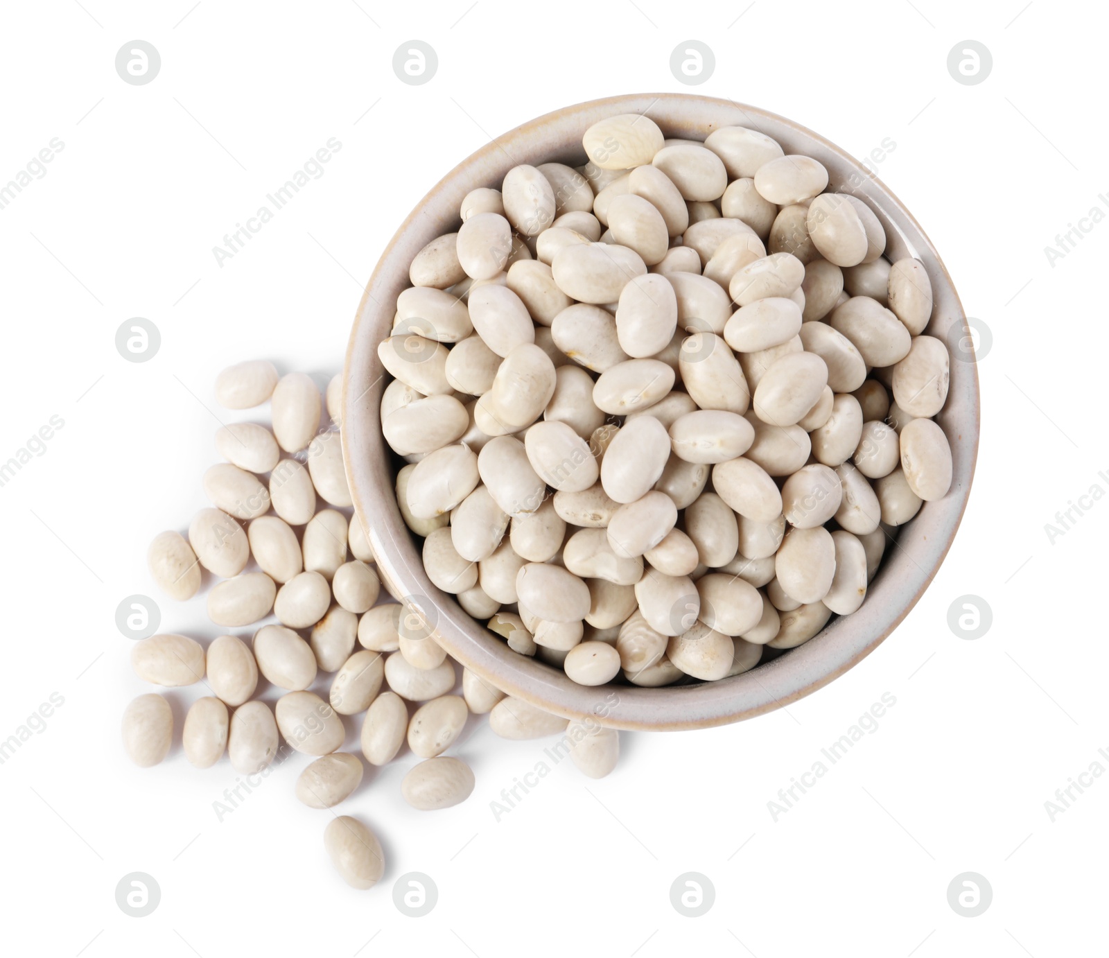 Photo of Dried beans in bowl isolated on white, top view