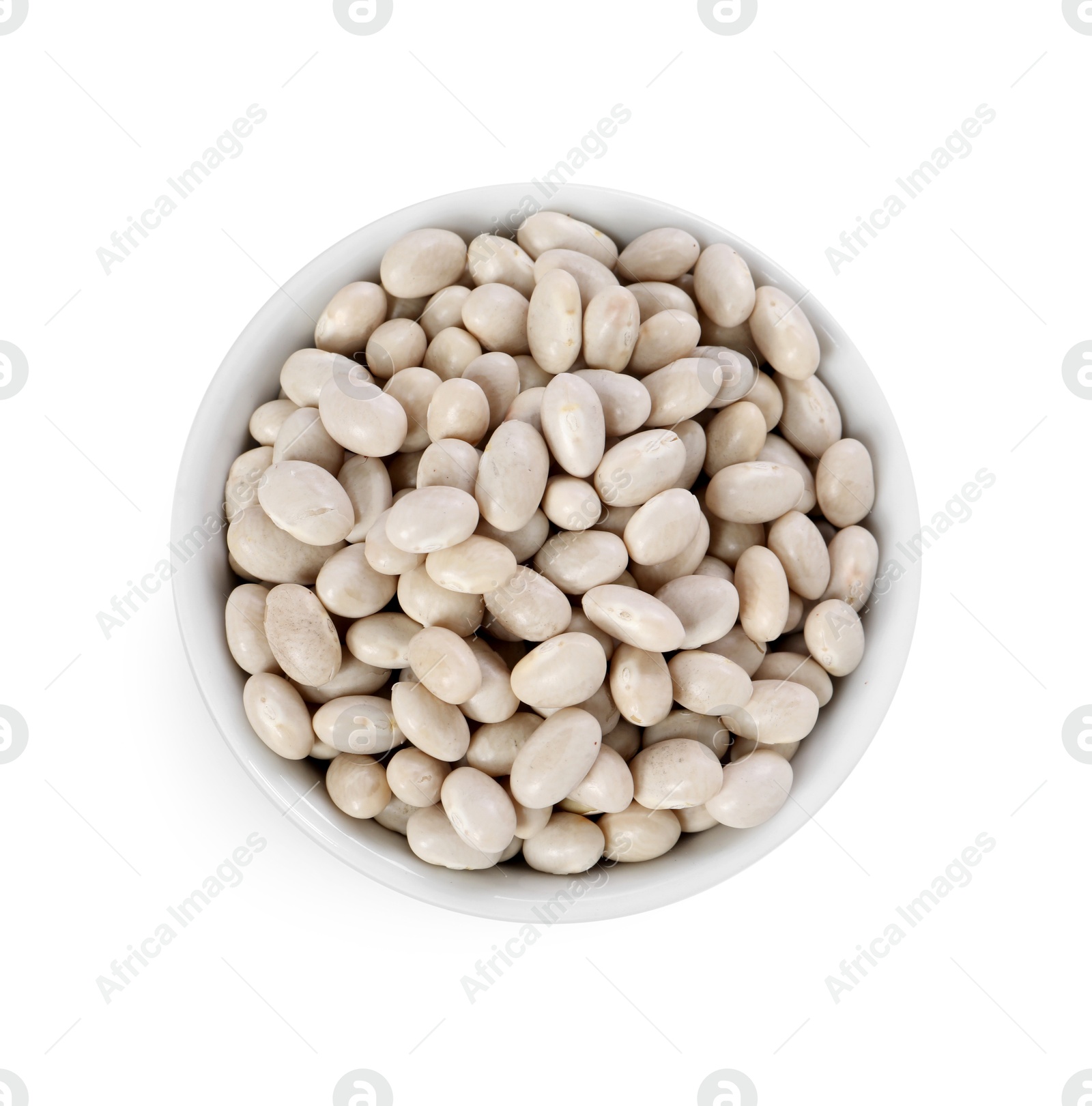 Photo of Dried beans in bowl isolated on white, top view