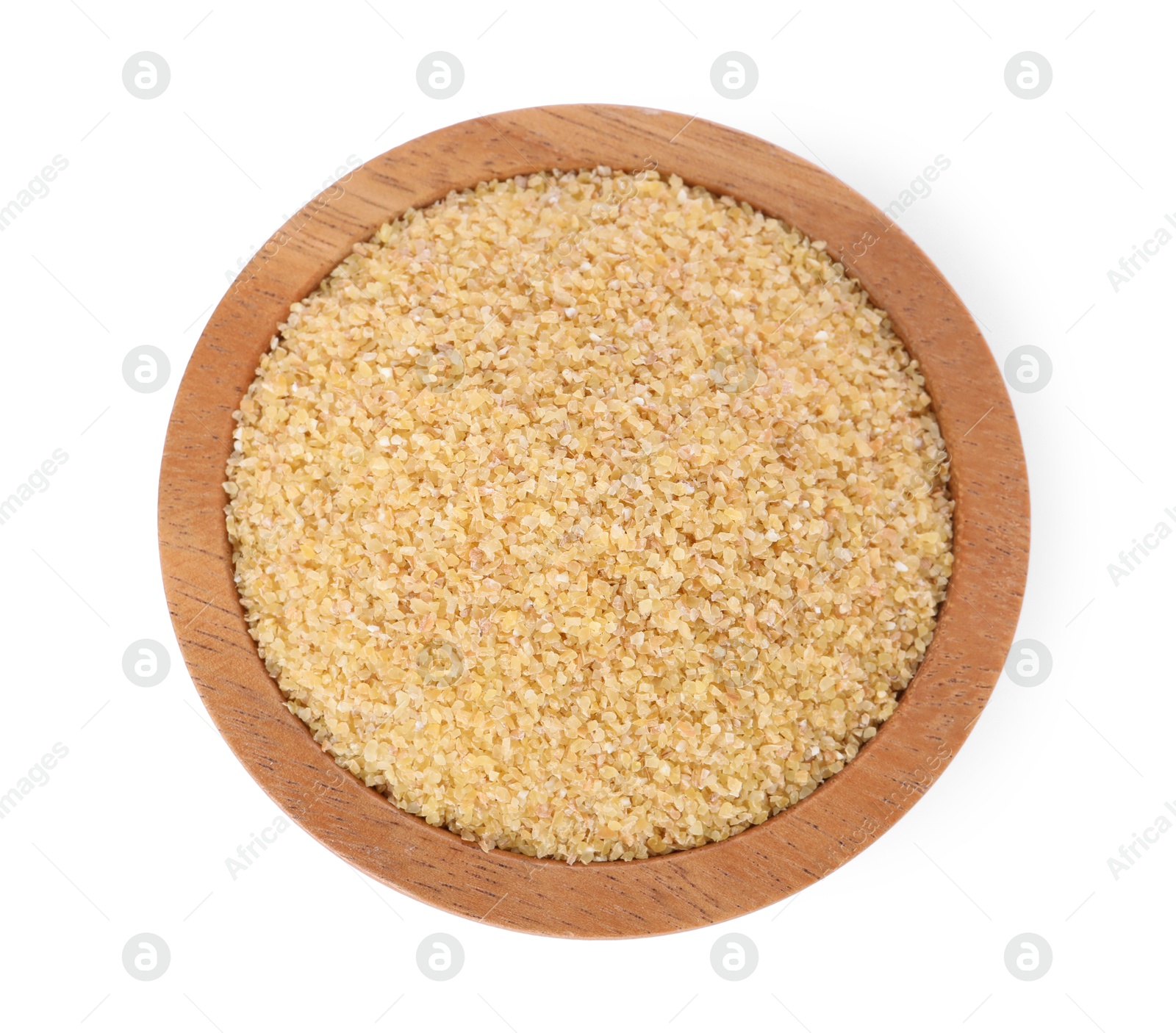 Photo of Raw wheat groats in bowl isolated on white, top view