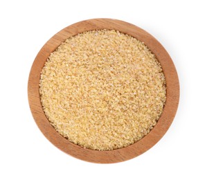 Photo of Raw wheat groats in bowl isolated on white, top view