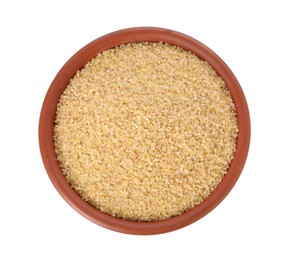 Photo of Raw wheat groats in bowl isolated on white, top view