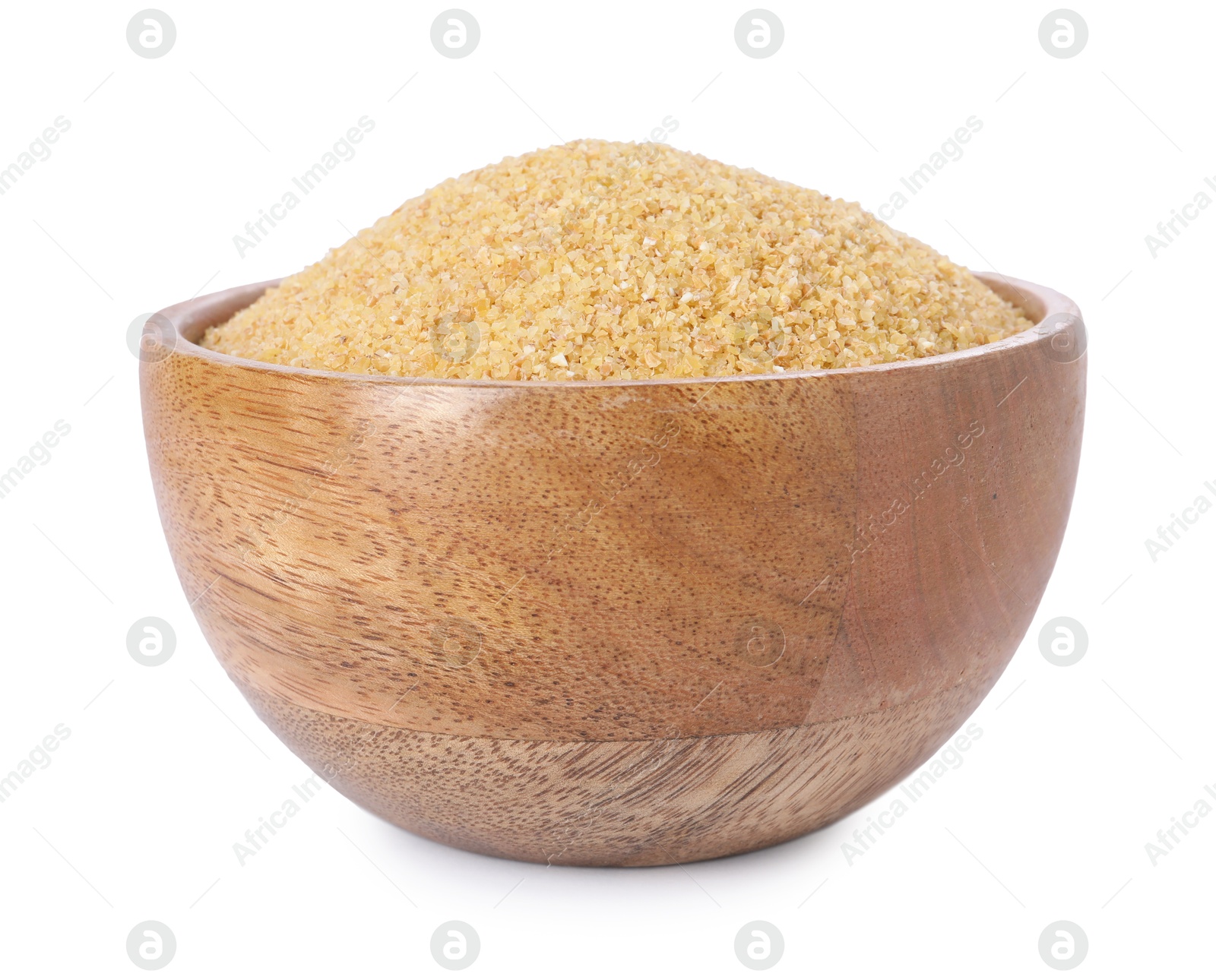 Photo of Raw wheat groats in bowl isolated on white