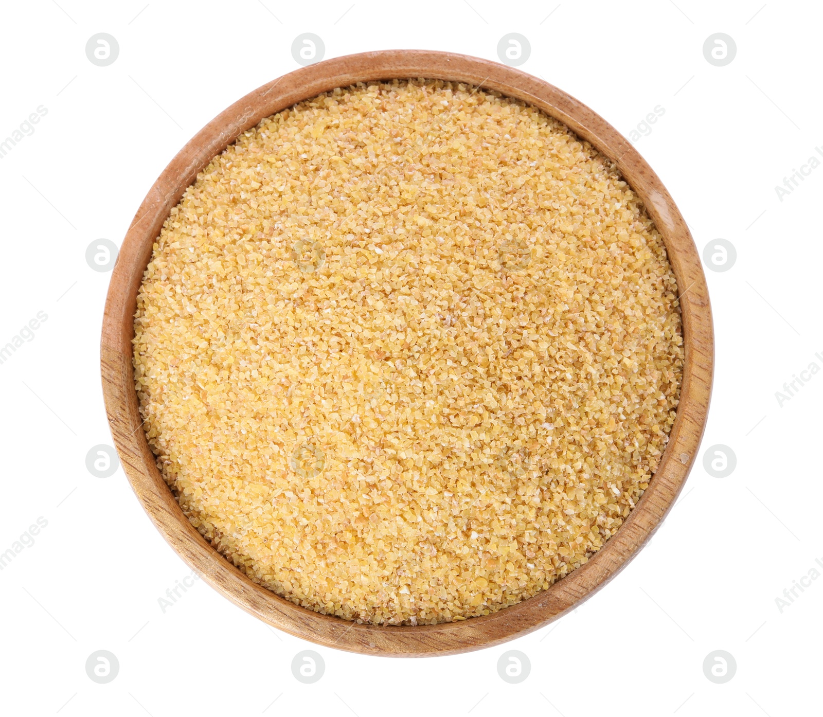 Photo of Raw wheat groats in bowl isolated on white, top view