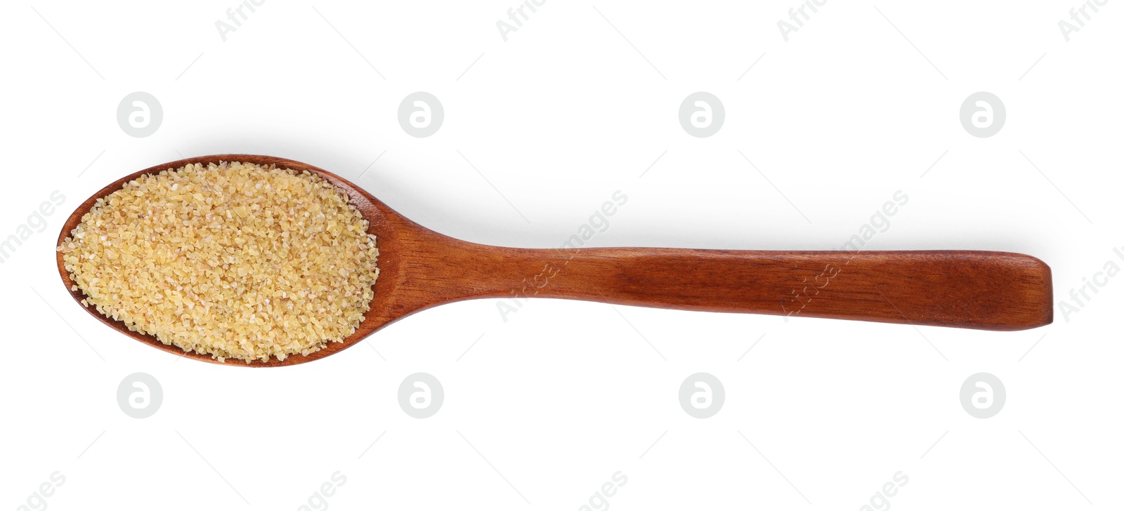 Photo of Spoon with raw wheat groats isolated on white, top view