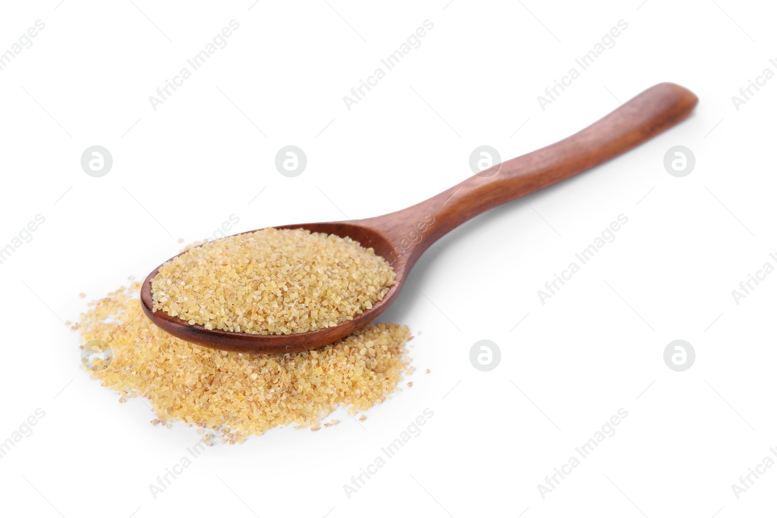 Photo of Spoon with raw wheat groats isolated on white